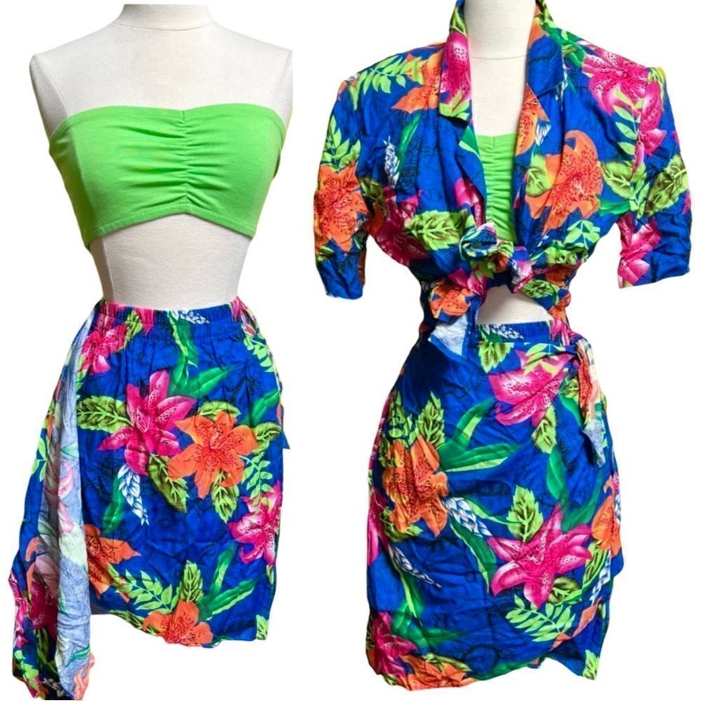 Vintage 80s / 90s Neon Tropical Hawaiian Tiki 3 piece Beach Vacation Skirt Set
